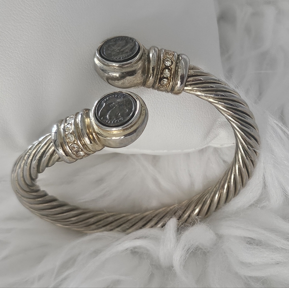 Faux Coin Gold & Silver Tone Faux Rhinestone Cable Adjustable Cuff Bracelet